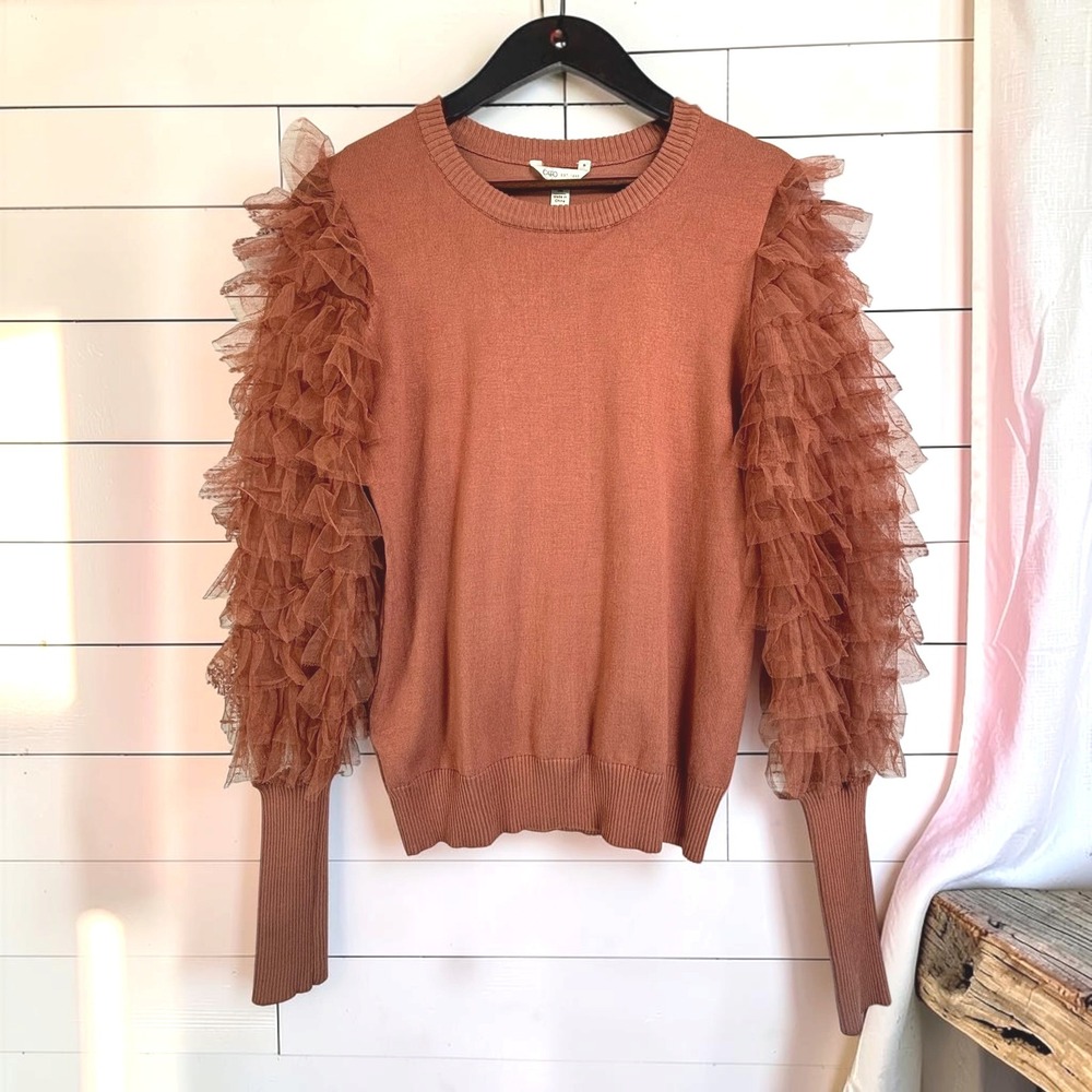 Tulle Ruffle Sweater M Rust Orange Terracotta Statement Sleeve Coquette Whimsy